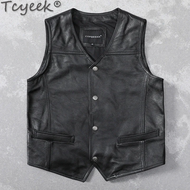 

Genuine Men's Jacket 2024 New Cowhide Vest Men Sleeveless Coats Casual Short Male Leather Vests Chaquetas Lq496