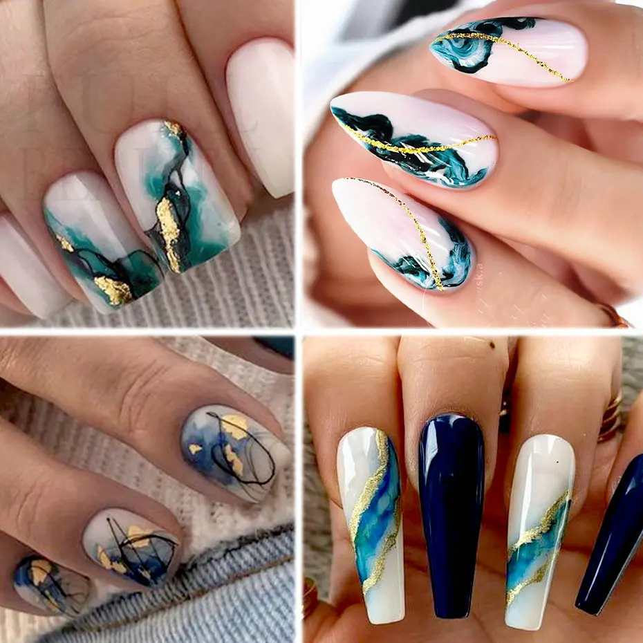 Marble Smoky Nails Stickers Peacock Green Gold Lines Sliders on Nail Charms Blooming Ink Painting Decal Adornment Manicure YB004