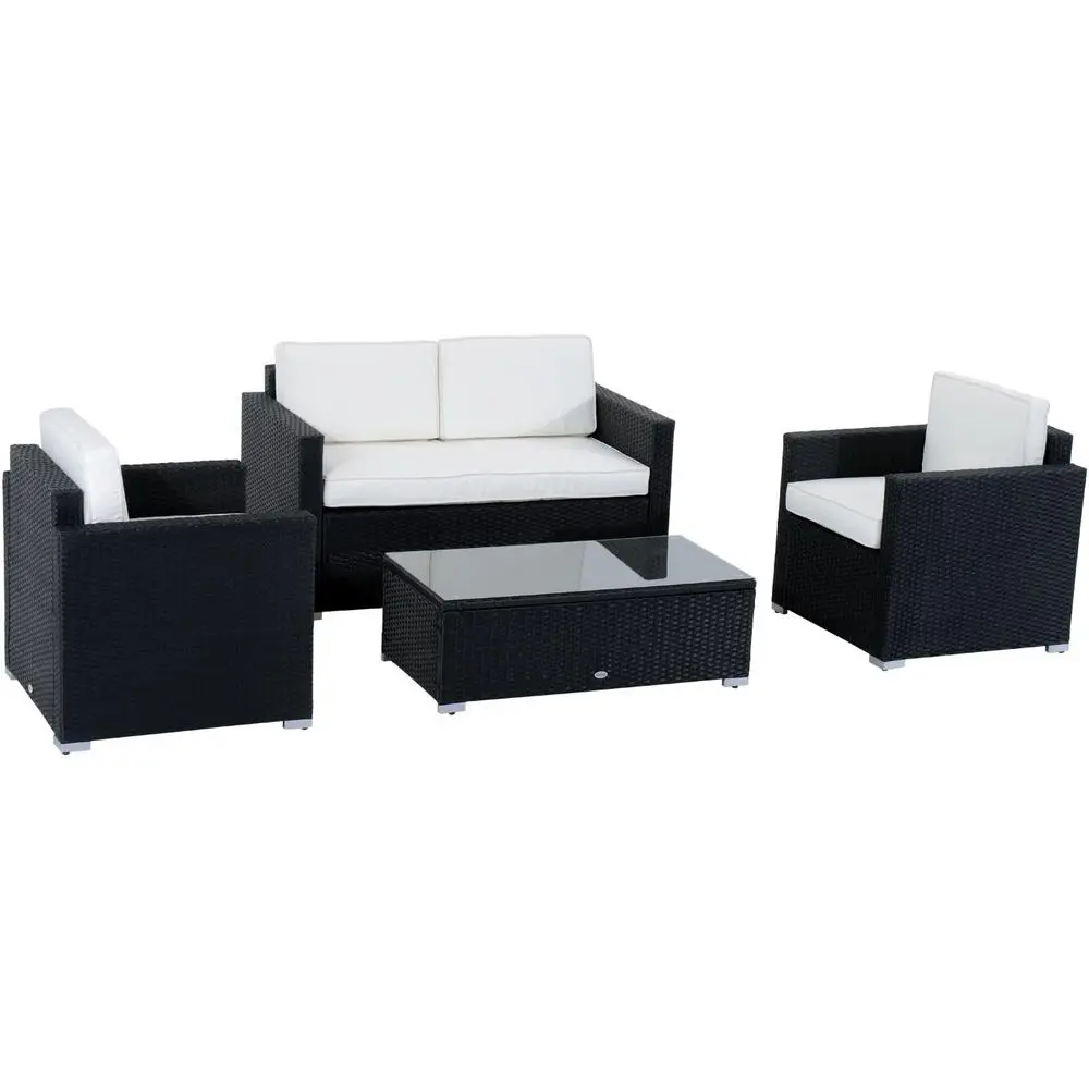 

4-Piece White Wicker Outdoor Sectional Furniture Set with Cushions, Sofa, Loveseat, and Glass Coffee Table