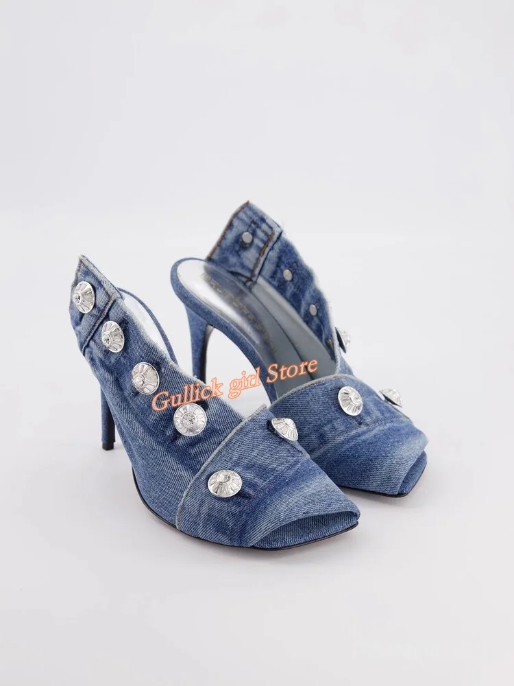 

Denim Blue Metal Buckle Shoes Stiletto Thin High Heel Square Toe Slip On Fashion 2025 Summer Women Runway Dress Shoes