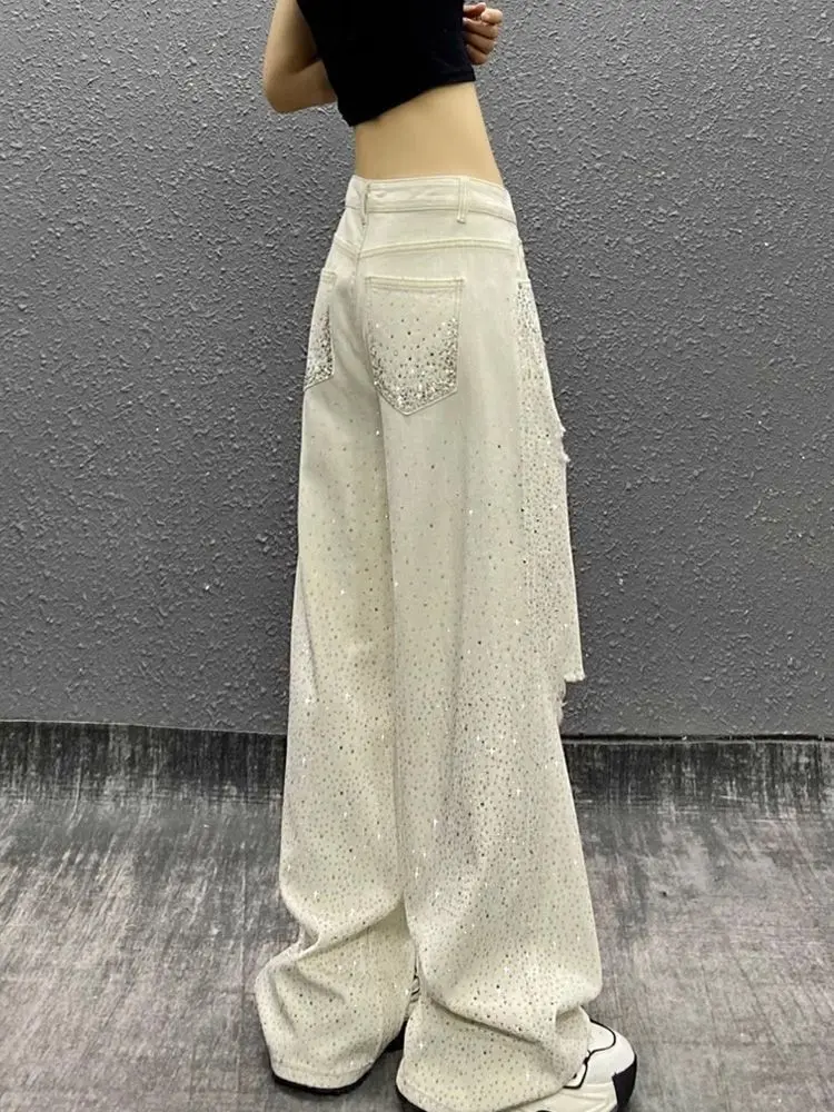 미국 하이 스트리트 풀 라인스톤 패치워크 여성용 여름 Y2K 핫걸 루즈핏 릴렉스드 슬라우치 디자인 데님 팬츠