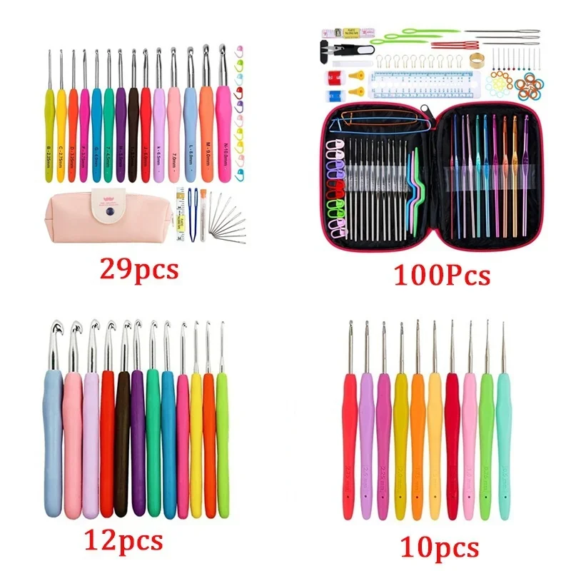 10/12/29/100Pcs Crochet Hook Set Yarn Crochet Kit Knitting Needles with Ergonomic Handles for Hands Crochet Needle Kit