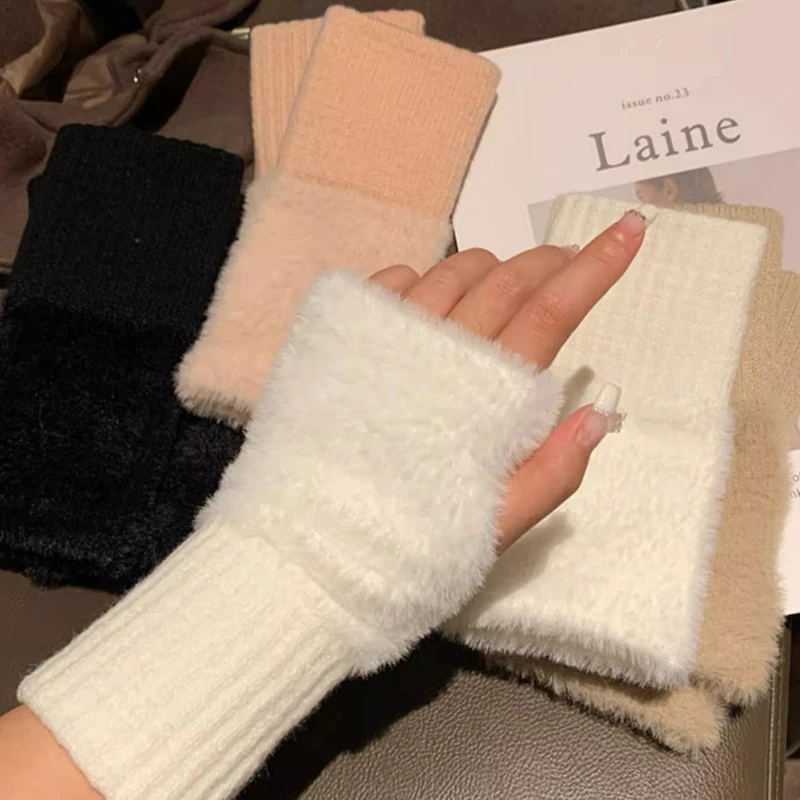 Guantes de Cachemira de terciopelo de medio dedo para mujer, manoplas cálidas de lana para escritura de felpa con pantalla táctil, para conducir al aire libre, Invierno