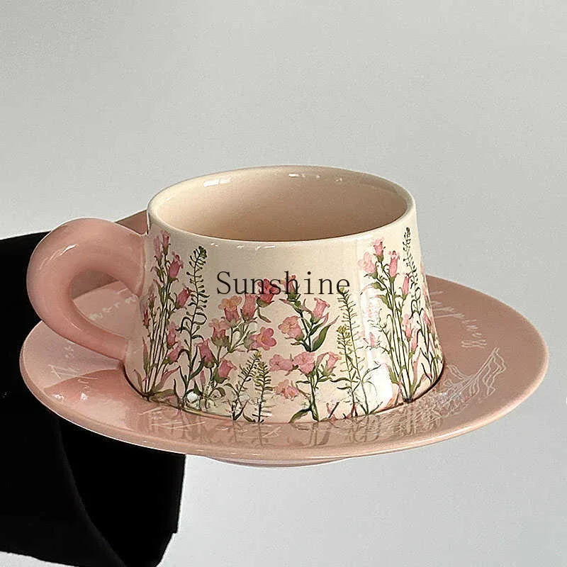 Oil painting pink lily of the valley coffee antique afternoon tea cup saucer