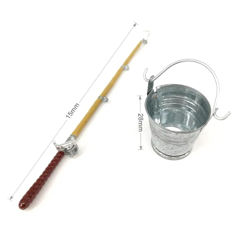2Pcs/set Dollhouse Miniature Fishing Tools Model 1:12 Mini Simulation Metal Fishing Rod + Water Bucket Outdoor Decor Accessories