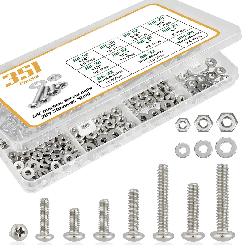 351Pcs 304 Stainless Steel Phillips Pan Head Screws Nuts Bolts Assortment Kit, Imperial #6-32 #8-32 #10-24 Boxed Fasteners