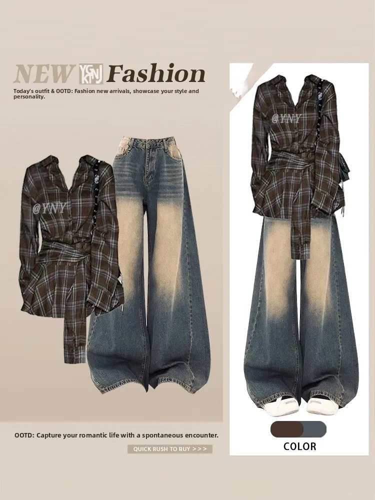 

Korean Vintage Feel irt Dr with Belt Long Sve Women's High Waist Wide Leg Jeans Pants Floor Length Autumn Faion Set