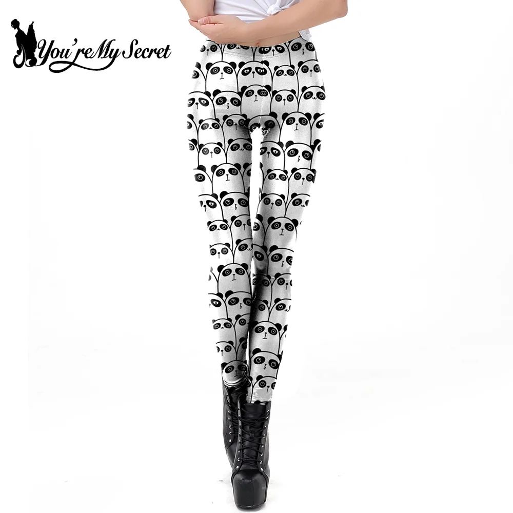 [You're My Secret] Full Cute Panda Print Leggings Women Black White Daily Casual Trousers Soft Elastic Pants Fitness Bottoms