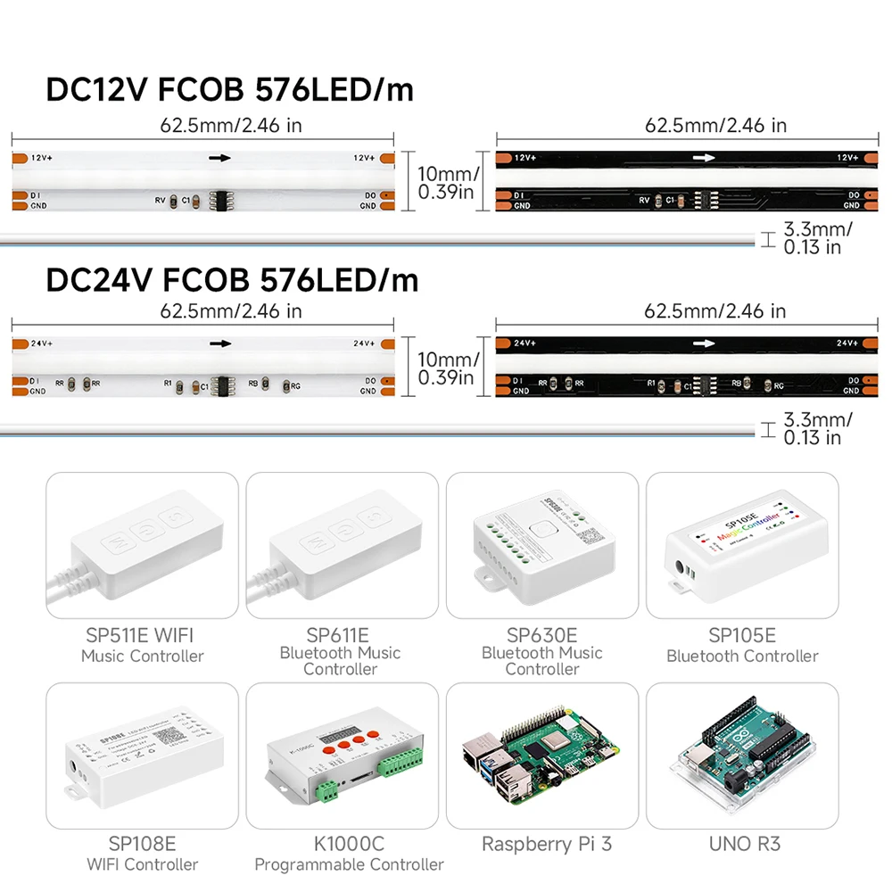 Imagem -03 - Fita Led de Cor Endereçável Dream Light Fcob Spi Rgb ic 576 Leds Ws2811 Dc12v 24v Alta Flexível Fob Cob Ra90 10 mm