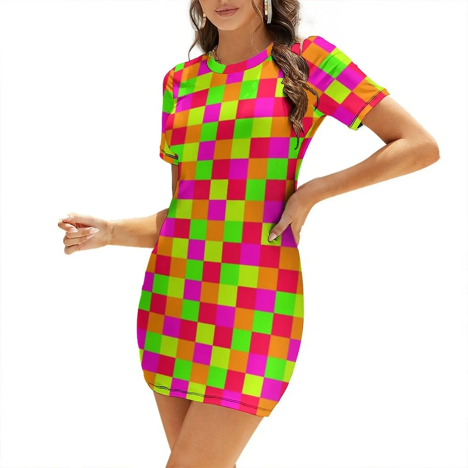

Pixel Neon Colors Color Blocking Short-Sleeved Dress Summer dresses for women dress for woman summer dress korean women