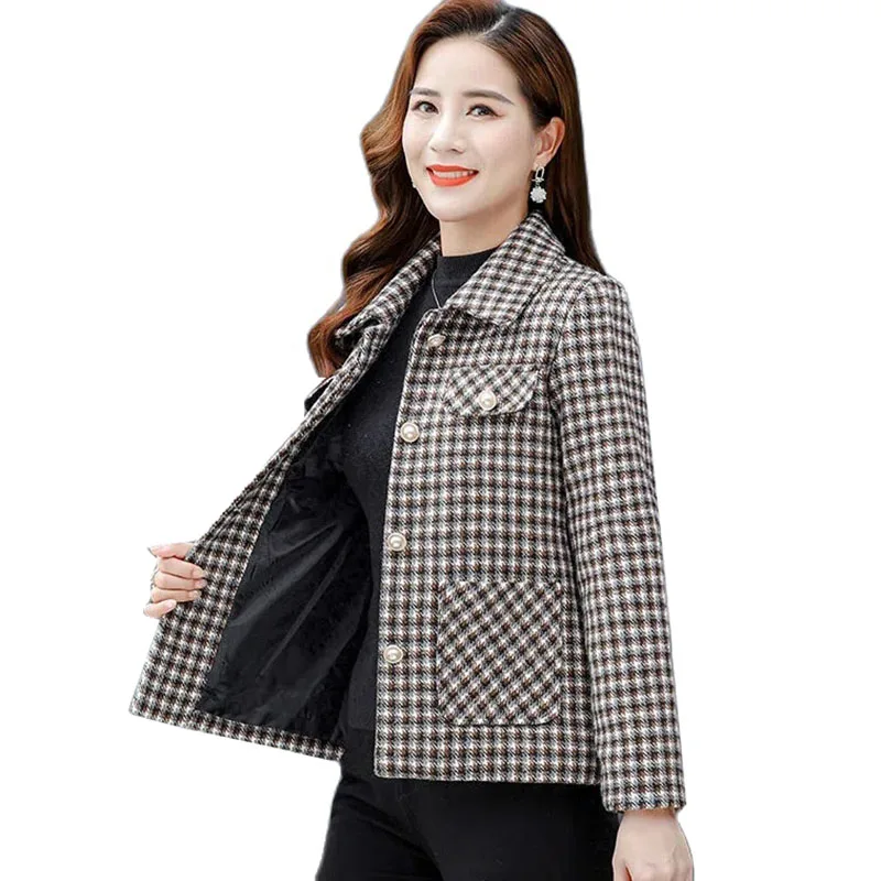 

Autumn Winter New Women Jacket Fashion Middle Aged Plaid Short Loose Woolen Coat Female Outerwear Casual Basic Coat Tops Overco