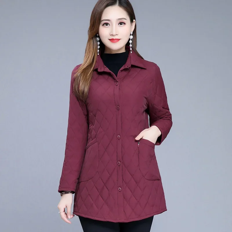 

Autumn Winter Warm Quilted Slimming Jacket Solid Lapels Long-sleeved Single Breasted Parkas New Middle Age Women Cotton-padded