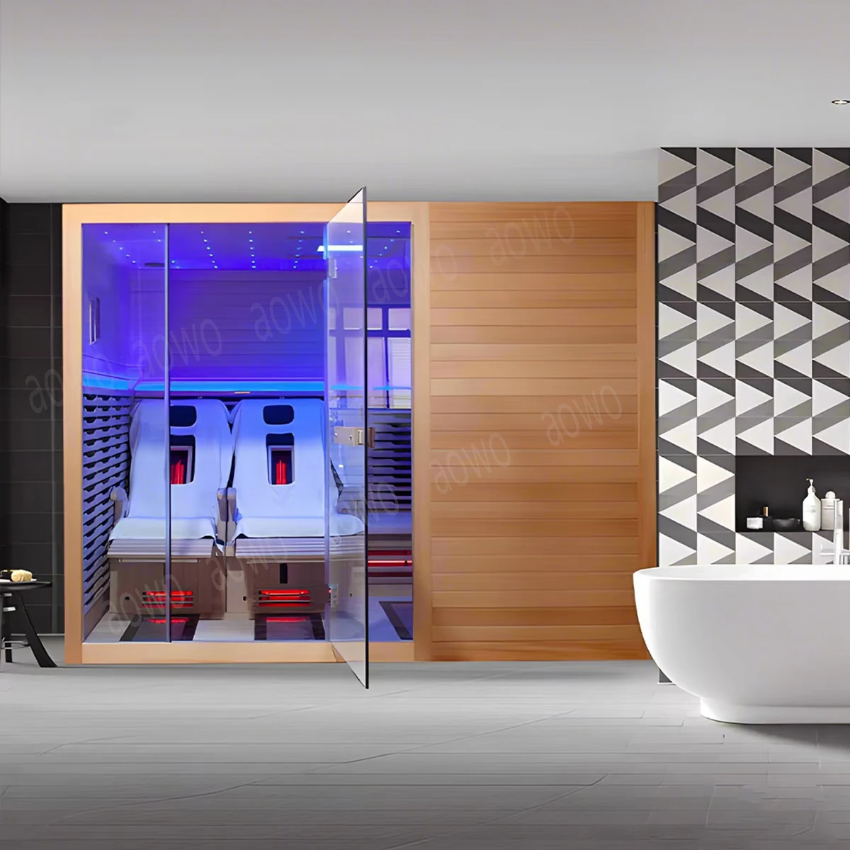 

Solid Wood Sauna Room Brown Color For Spa Room Infrared Sauna And Steam Room With Heater Dark Color Layer Bench