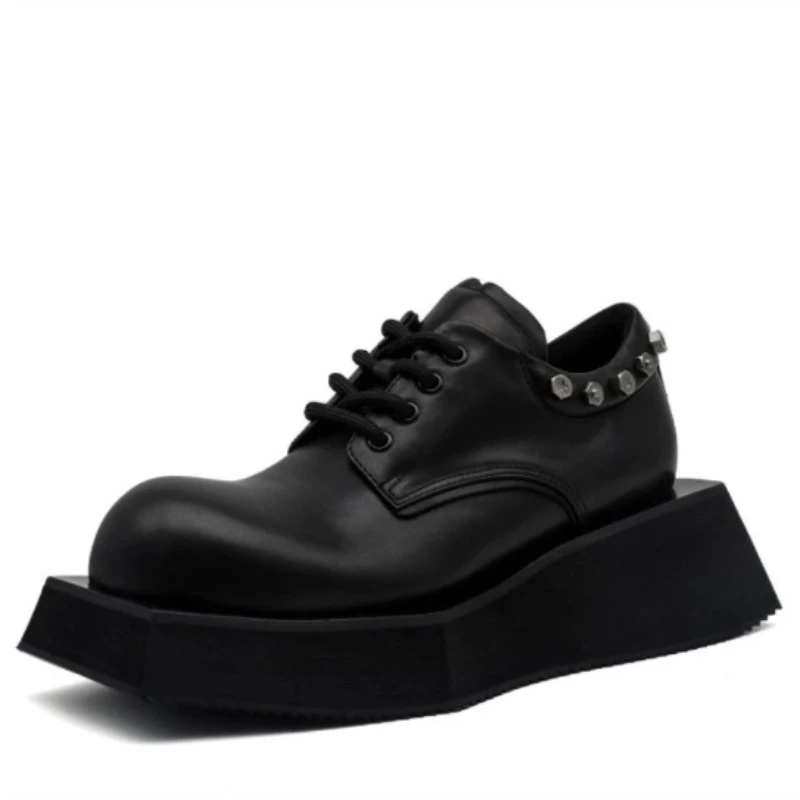 British Retro Rivet Derby Shoes for Men's Dress Thick Soled Height Increasing Shoes Genuine Leather Wide Version Casual Shoes