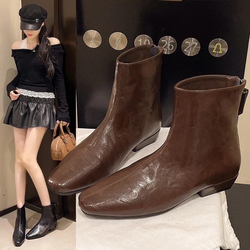 

2025 New Women's Fashionable and Hot-selling Leather Style Pointed Short Ankle Boots Soft Low Heel Boot Fashion Classic