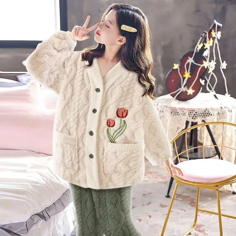 

Kids Two Piece Pajama Set Coral Fleece Girls Medium Large Size Wearable As Homewear and Outdoor Purple Kids' Pajamas New Style