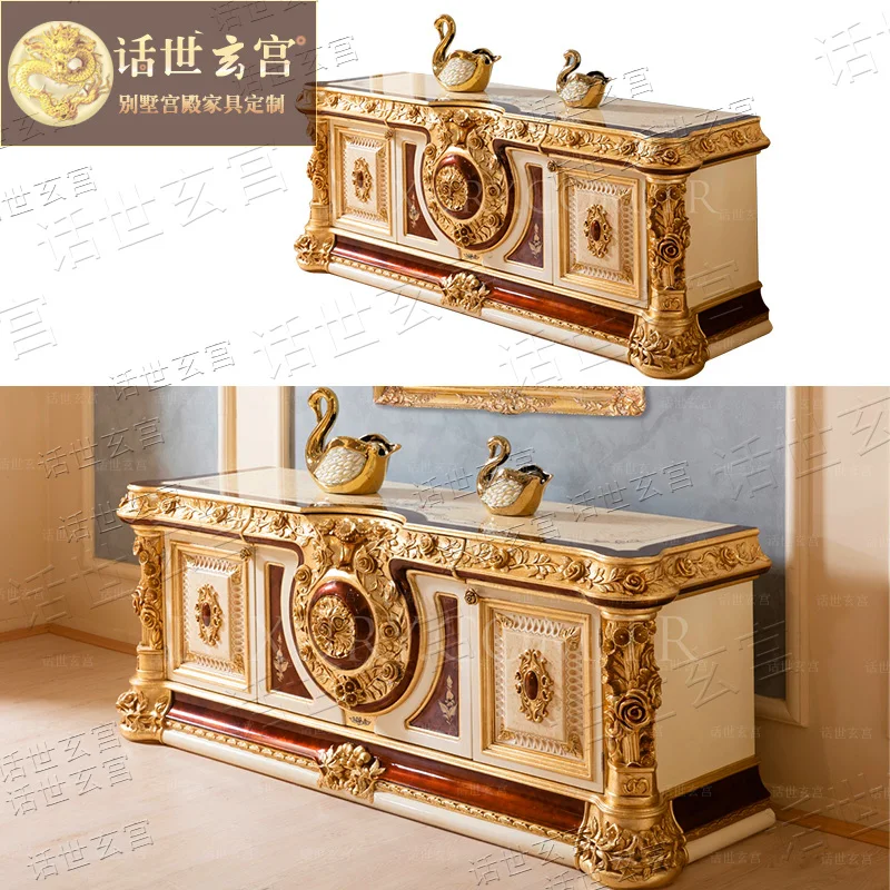 European-style villa luxury TV cabinet solid wood gold foil court painting custom luxury living room TV cabinet