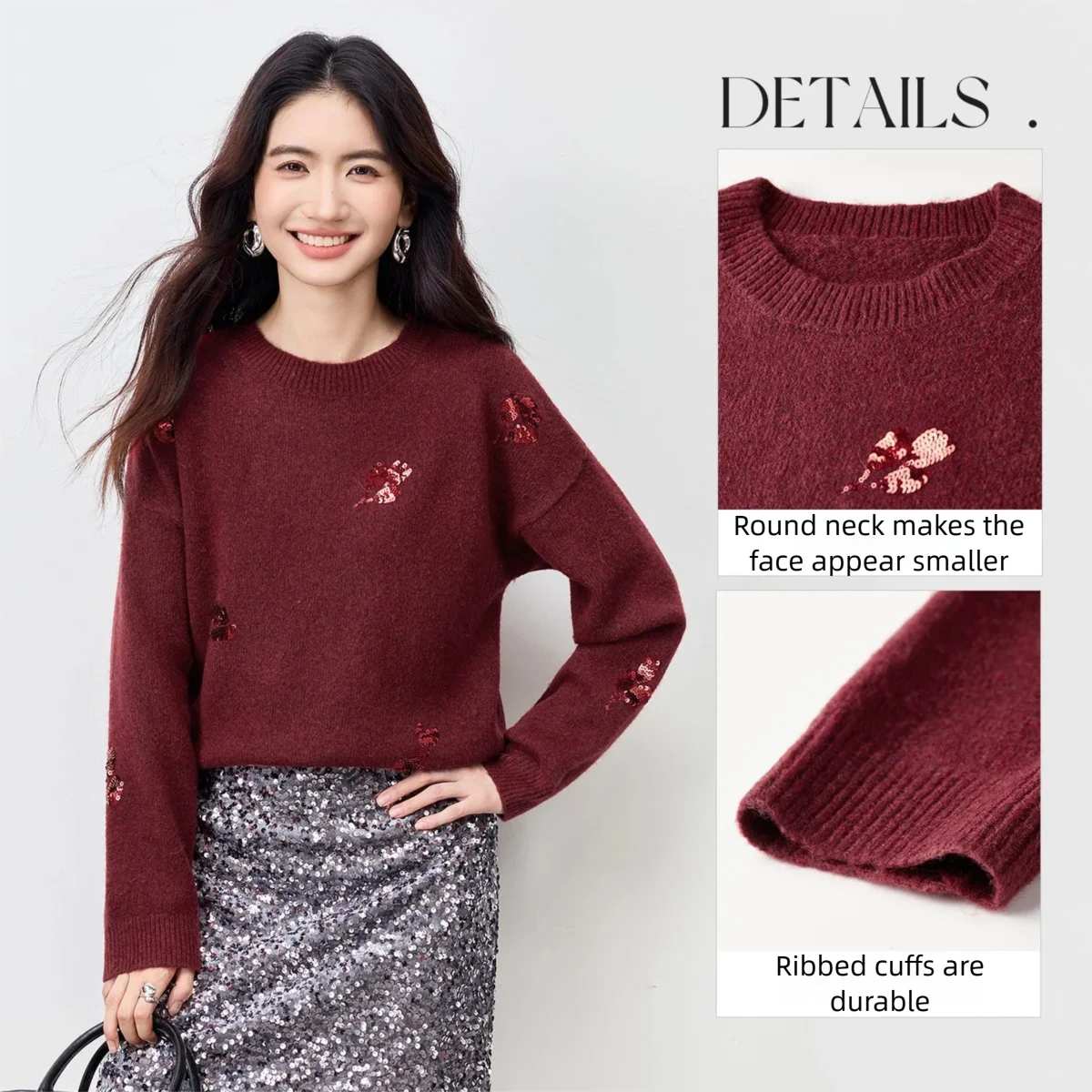 سترات شتوية من SENTUBILA للسيدات مطرزة بالترتر 2025 بلوفرات بأكمام طويلة ورقبة دائرية فضفاضة محبوكة سترات نسائية W54EE3874 #3