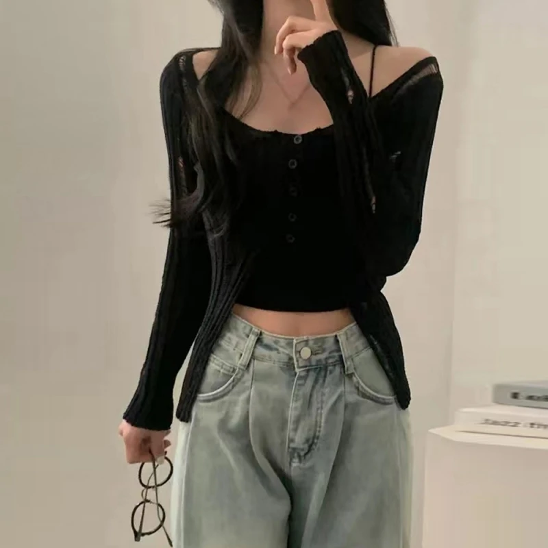 Spring Autumn The Original Torn Slit Slim Fashion Thin Long-sleeved Knit Blouse Sunscreen Top Gray One-size-fits-all