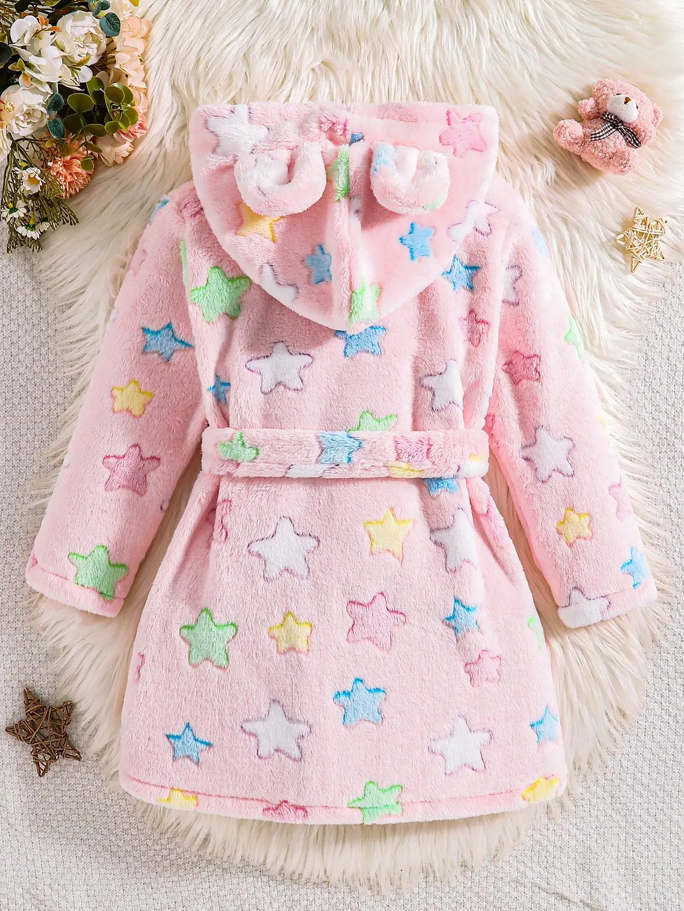 Girls' fashionable hooded bathrobe for autumn and winter, girls' casual colorful five pointed star yukata with long sleeves