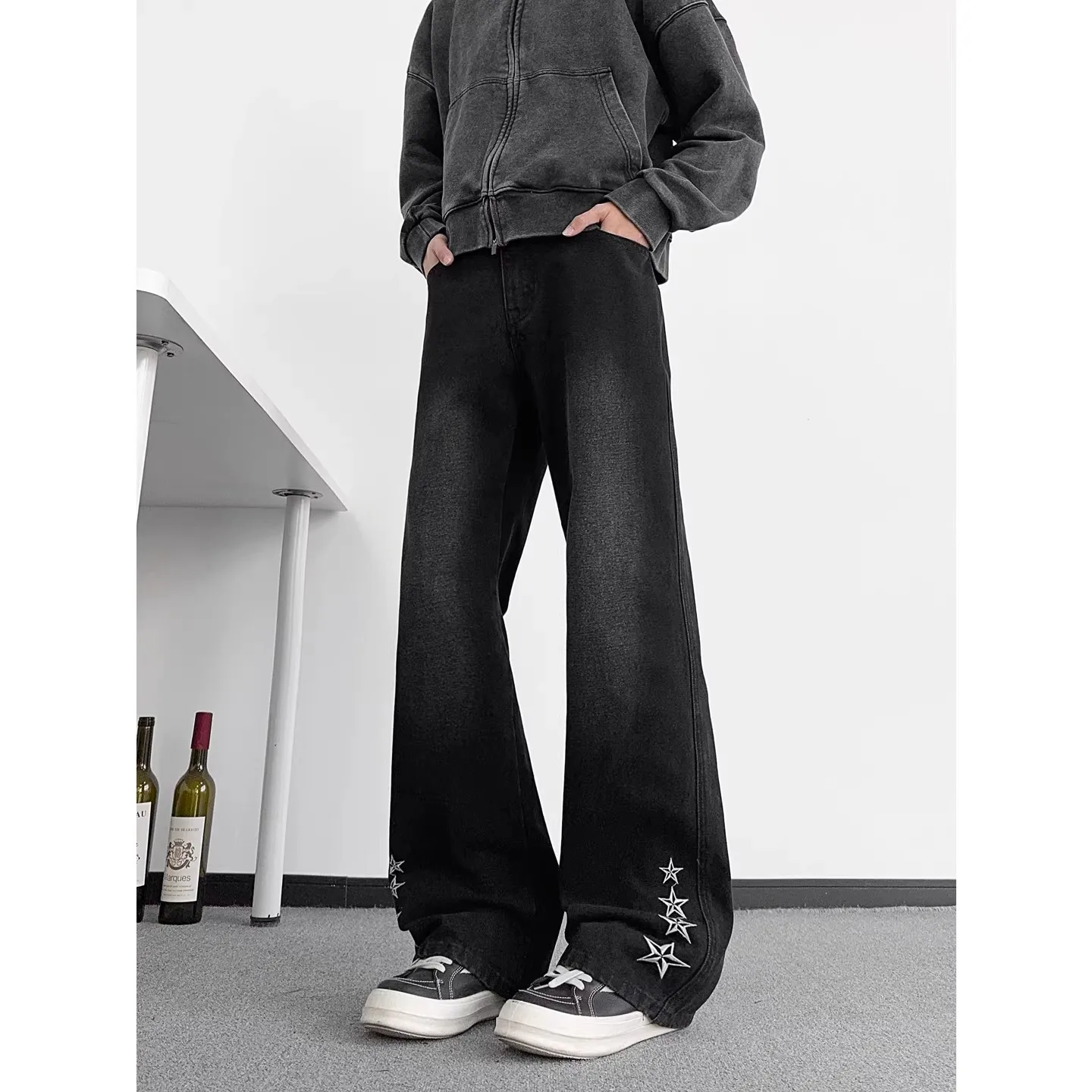 

Мужские джинсы American Sle прямого кроя с вышивкой звездами, зауженные, весенне-осенние, в стиле High Street, слегка расклешенные брюки