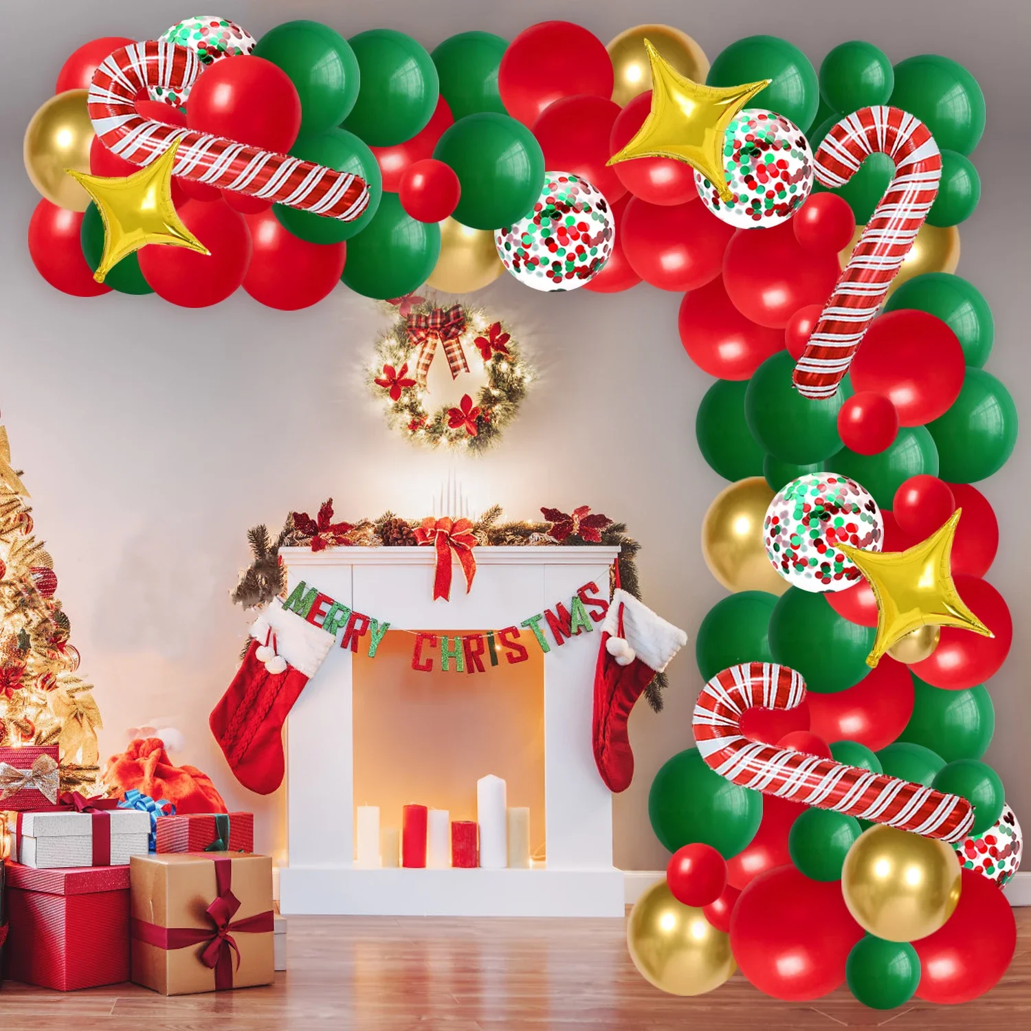 

Cheereveal Red Green Merry Chiristmas Balloon Garland Arch Kit Chiristmas Decorations Santa Claus Crutches Star Foil Balloons