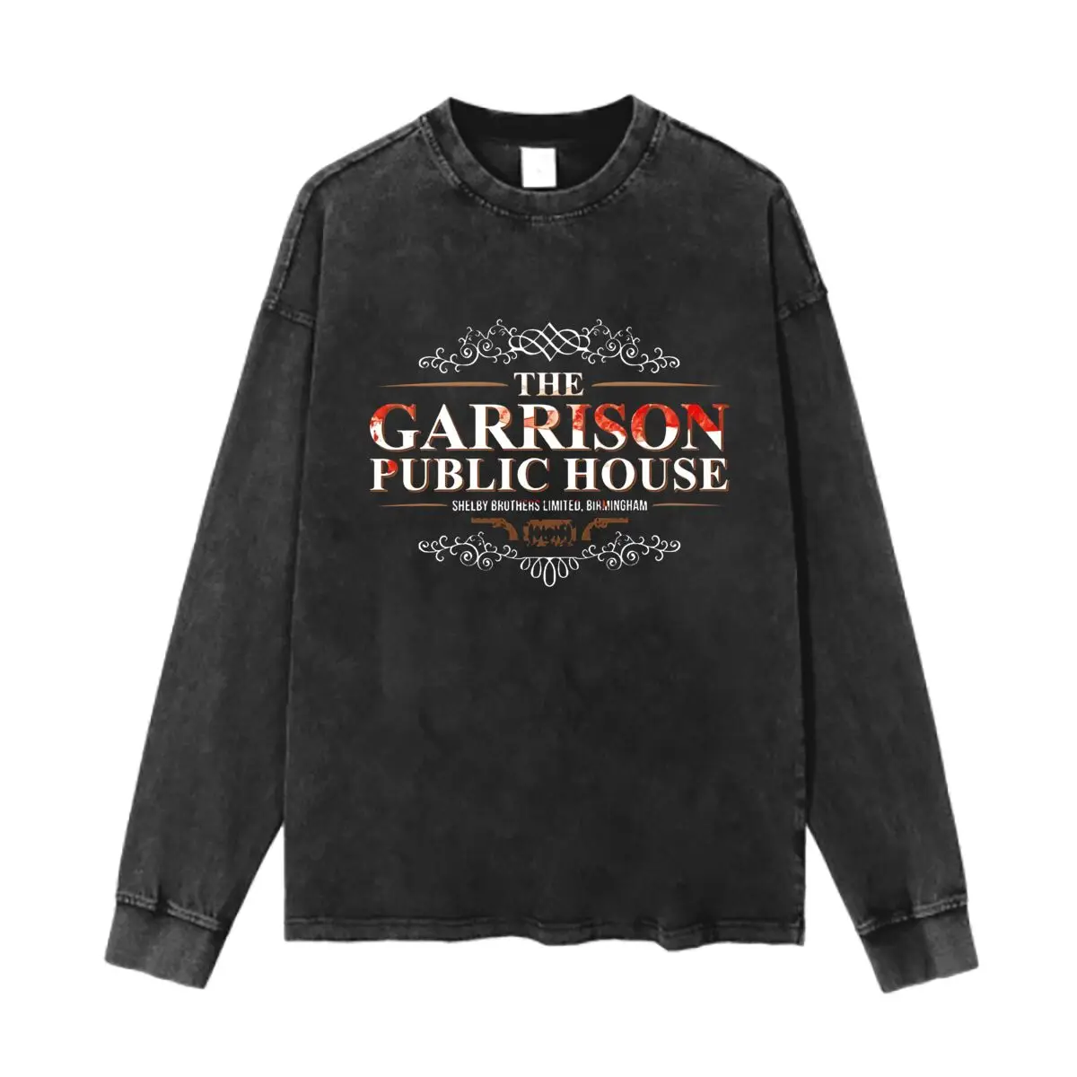 The Garrison Public House Art Text Washed Cotton Vintage Solid O Collared Long Sleeve T Shirt For Men & Women