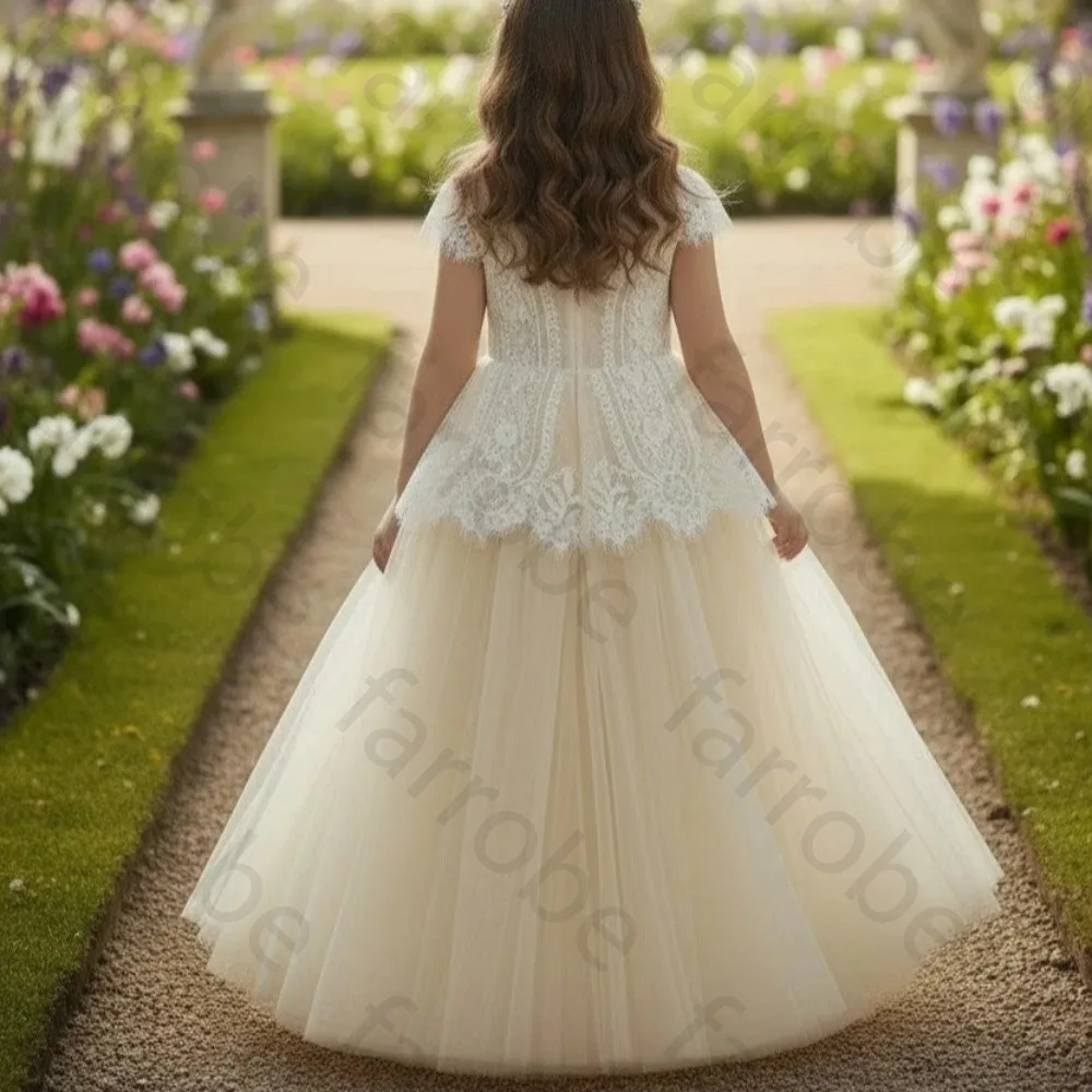 Customized Ivory Flower Girl Dress Ball Gown Floor Length High Neck Cap Sleeve Lace Tulle Scalloped Wedding Kids Princess Gown