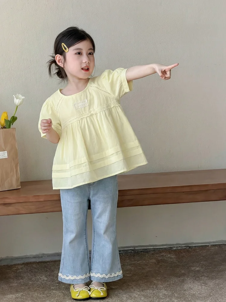 女の子の夏服半袖ドールシャツとルーズジーンズ薄いデニムキッズアンサンブル韓国風子供服セット