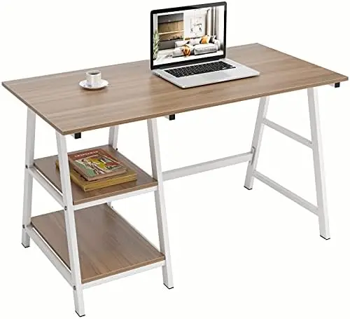 

Small Computer Desk, 47 inches Office Desks with 2-Tier Shelves, Student Desk Trestle Desk Simple Desk Rustic Desk Wooden Desk