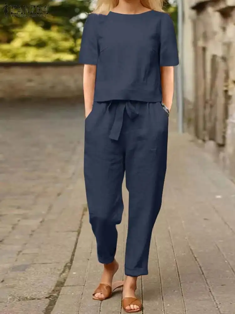Women Summer Solid Matching Set Half Sleeve O-Neck Oversize Thin Blouse Wide Leg Pant Femme Holiday Elastic Vintage 2 Pcs Sets