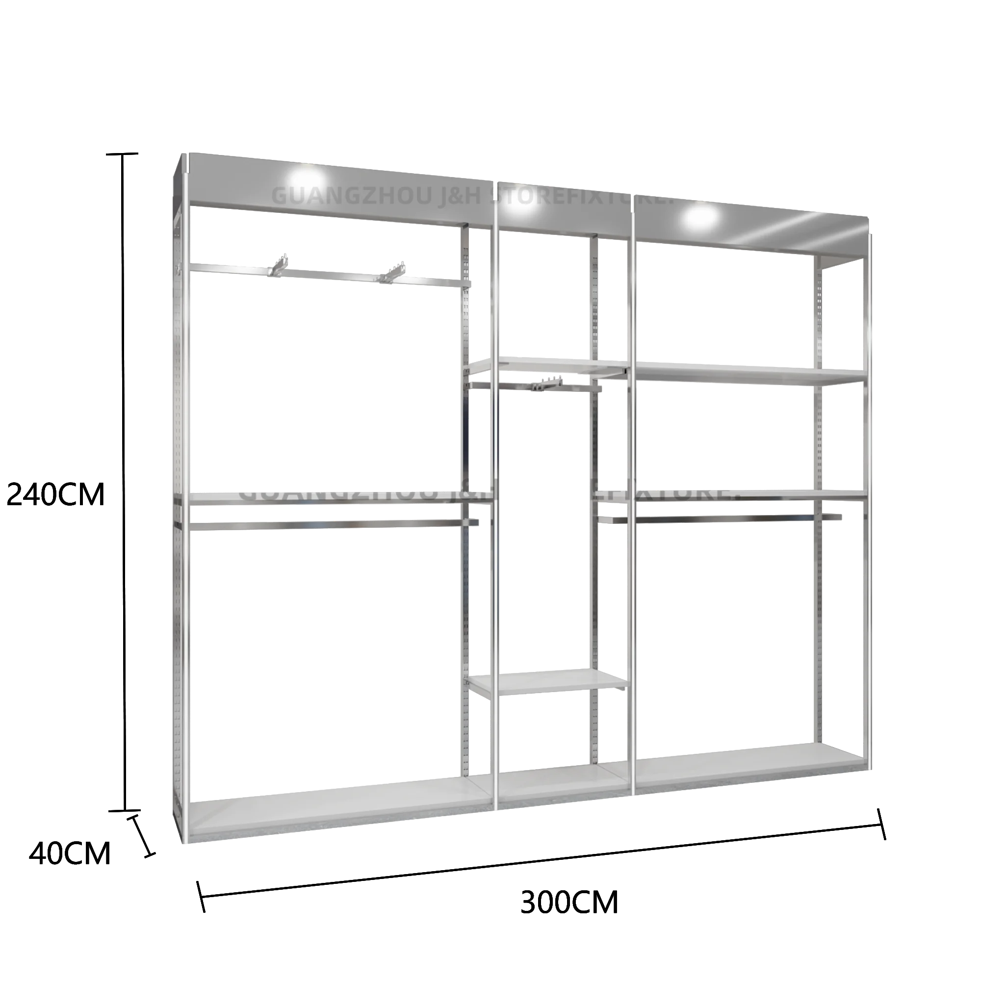 맞춤형 실버 LED 조명 의류 진열대, 소매용 진열 선반, 독립형 옷걸이 진열대