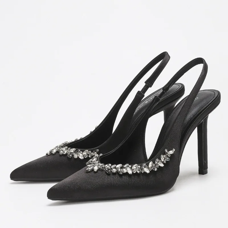 

Luxury Rhinestone Design Black High Heels Women Sexy Pointed Toe Backless Designer Sandals Elegant Party Dress Pumps for Ladies