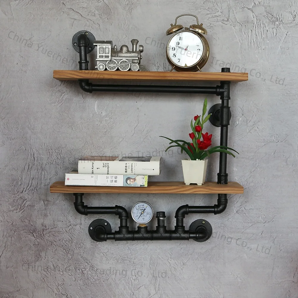 

Solid wood industrial wind wrought iron retro water pipe shelf wall decorative shelf bookshelf wrought iron shelf hanging book
