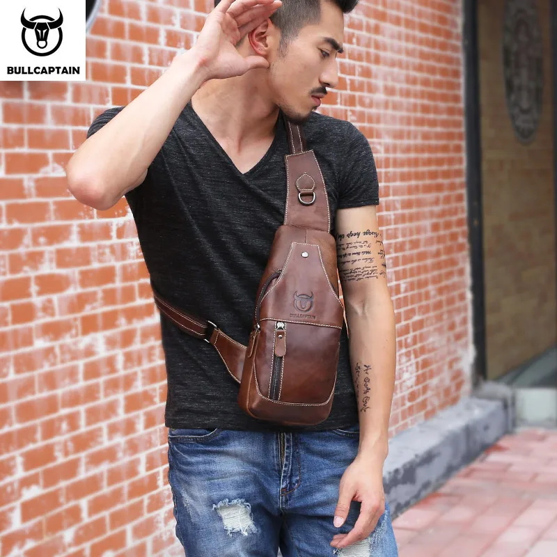 BULLCAPTAIN-Bolso de pecho de cuero genuino para hombre, bandolera triangular informal, mochila de hombro de viaje, bolso multifuncional de cuero