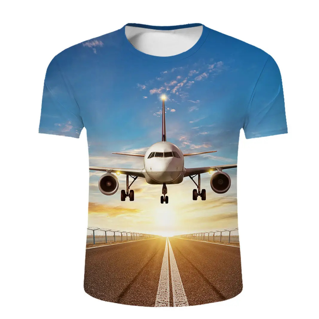 kawaii T-shirts Funny Aircraft Runways 3D Print Summer T Shirt Fashion Kids Casual Boys Girls Round Neck Tshirt Tops Clothes