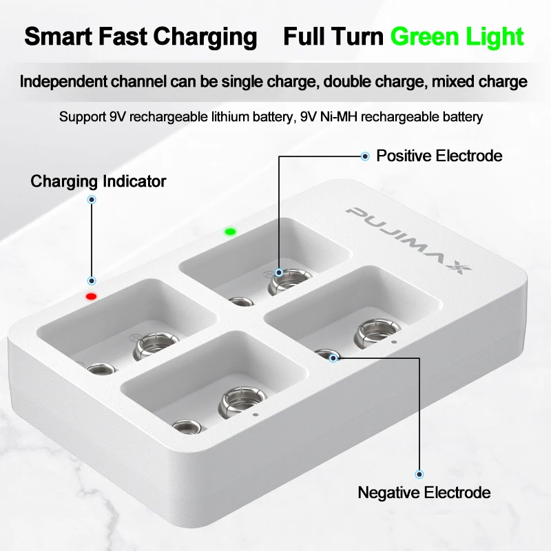 PUJIMAX 9V Battery Charger 4 Slots  Independent Slot Smart Fast Charging For Ni-MH/Ni-Cd/Li-ion Lithium Rechargeable Battery