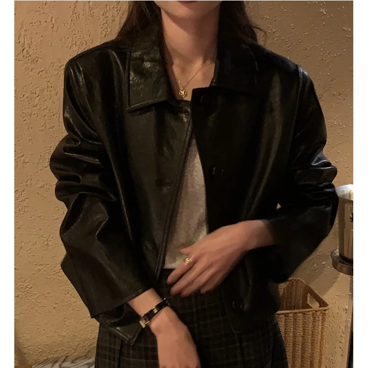 Self-made Black Short Leather Women 2024 Spring and Autumn New Loose and Thin Pu Leather Jacket Advanced Sense Coat Women