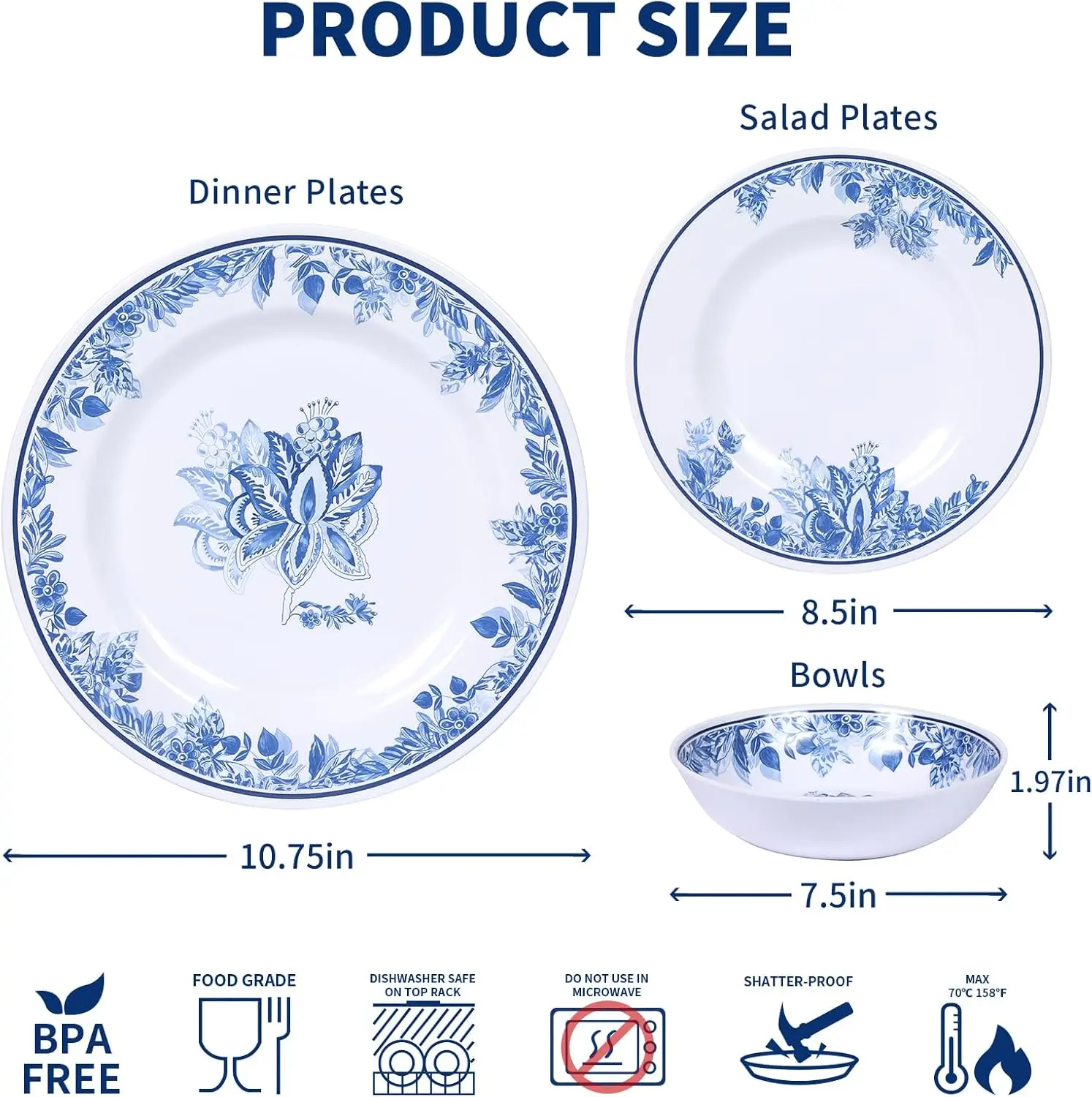 أطقم أواني طعام من الميلامين - 12 قطعة من أواني الطعام الزهرية خدمة لـ 4 أشخاص، آمنة للاستخدام في غسالة الأطباق، مقاومة للكسر، للاستخدام الداخلي والخارجي، إعادة الاستخدام
