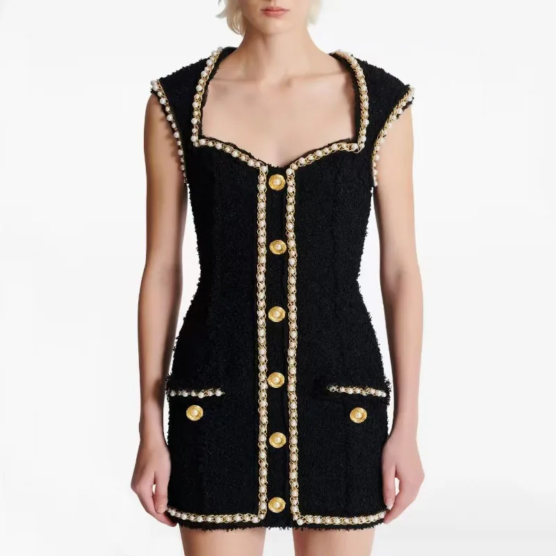 Women's tweed dress pearl trim metal buckles slim waist black short skirt vestido ropa mujer party dresses traf 2025 femme