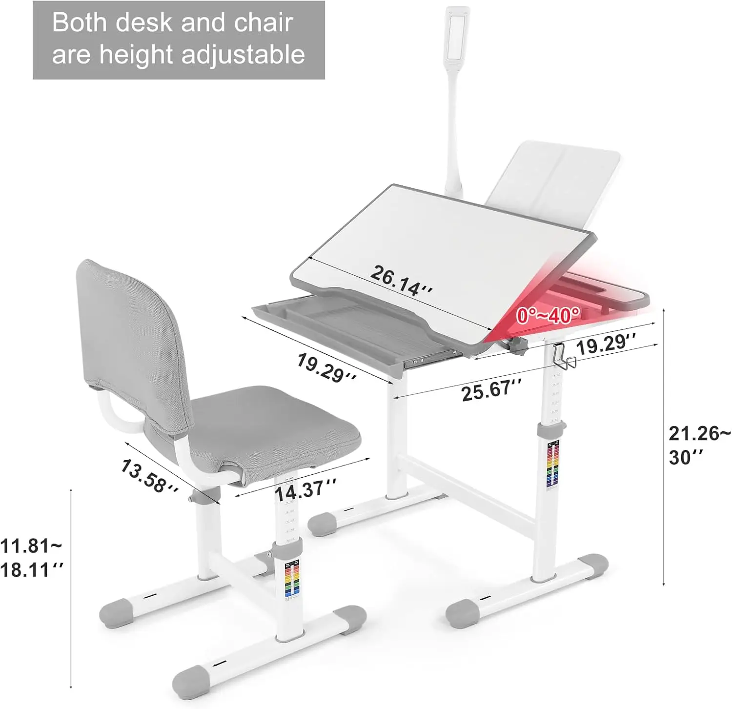 Crianças mesa de estudo e cadeira conjunto altura ajustável crianças escola menina mesa grande placa escrita com lâmpada led pu