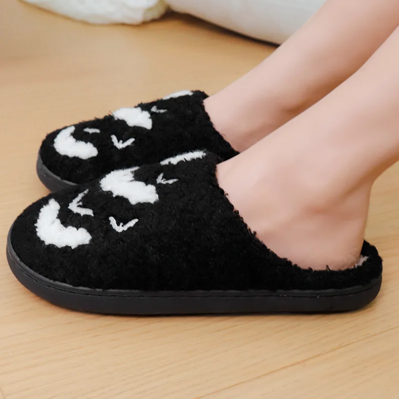 Halloween Bat Embroidery Plush Cotton Slippers Unisex Autumn Winter Warm TPR Sole Non‑slip Indoor Home Thick Sole Slippers