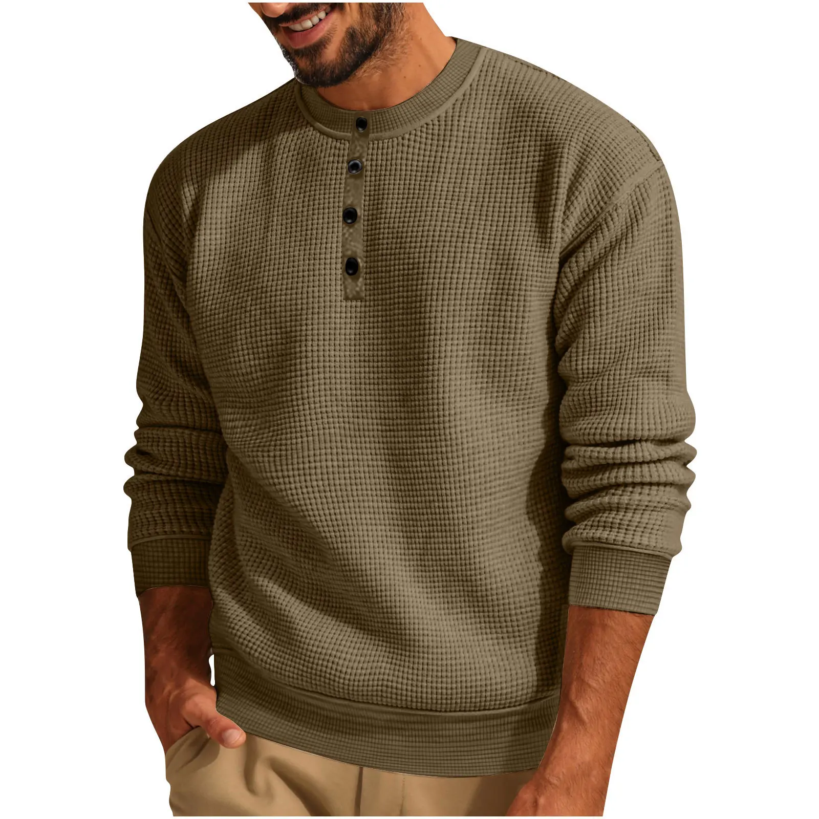 

Elevated Waffle Texture Henley Shirt Relaxed Fit Rib Cuffs Long Sleeve Top Men's Transseasonal Layering Essential in Solid Tones