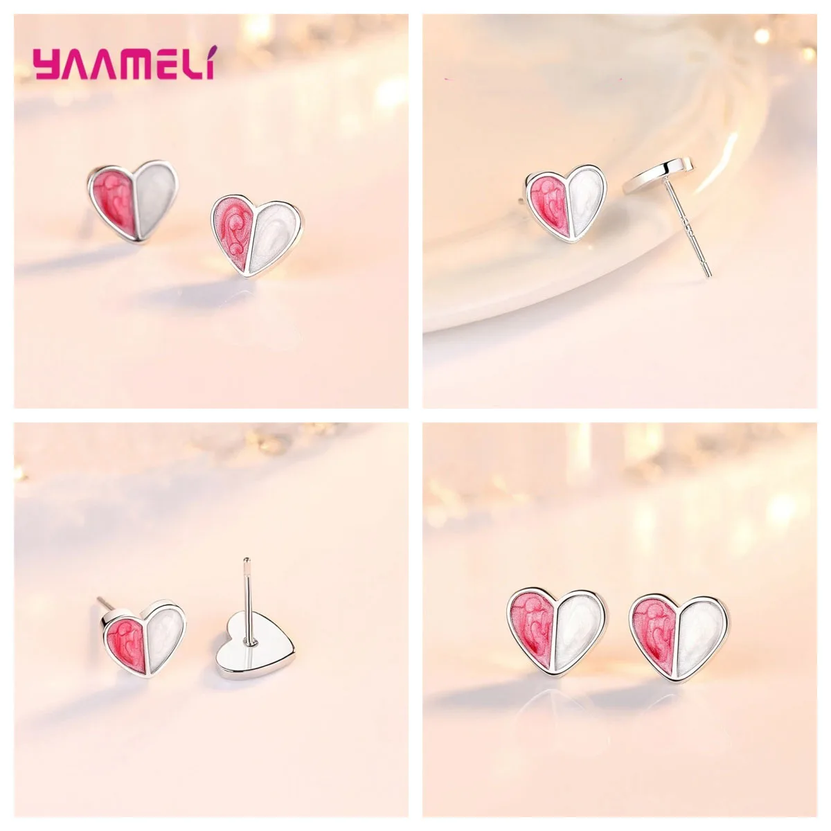 

Cute 925 Sterling Silver Pink Love Heart Shape Stud Earrings for Women Girls Wedding Party Fashion Jewelry Gifts Wholesale