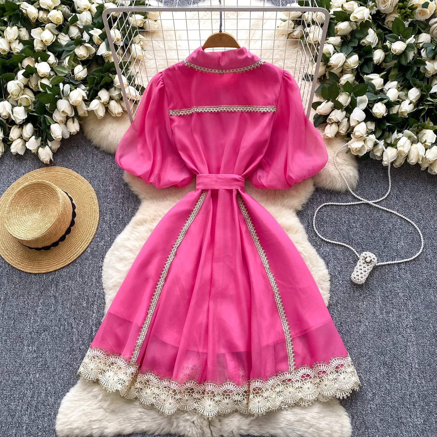 2025 ฤดูร้อนชุดวินเทจใหม่หญิงโคมไฟ Turn-Down COLLAR Lace Spliced Design SHEER คุณภาพสูงผู้หญิง PARTY Dresses