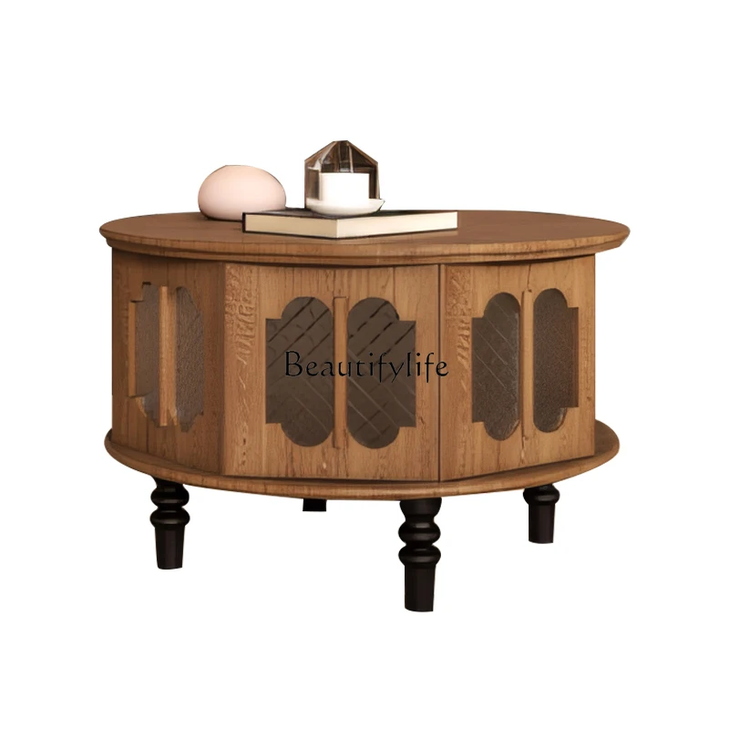 

French retro style round coffee table wabi sabi charcoal black walnut contrasting color living room