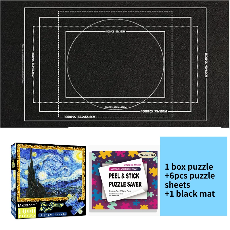 

1000-PIECE PUZZLE SET:INCLUDING 1 BOX 1000PCS PUZZLE+1 PC BLACK PUZZLE MAT+6PCS PUZZLE SHEETS, FOR BETTER PUZZLE EXPERICE