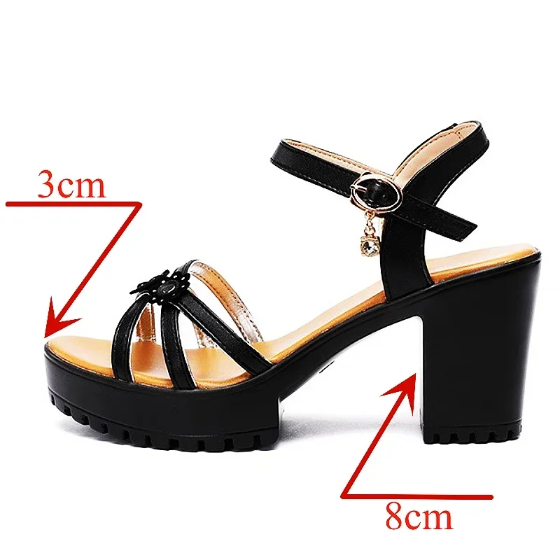 8cm Small Size 32-43 Elegant Floral Soft Leather Shoes Platform Sandals Summer 2024 Block High Heels Sandals for Office Model