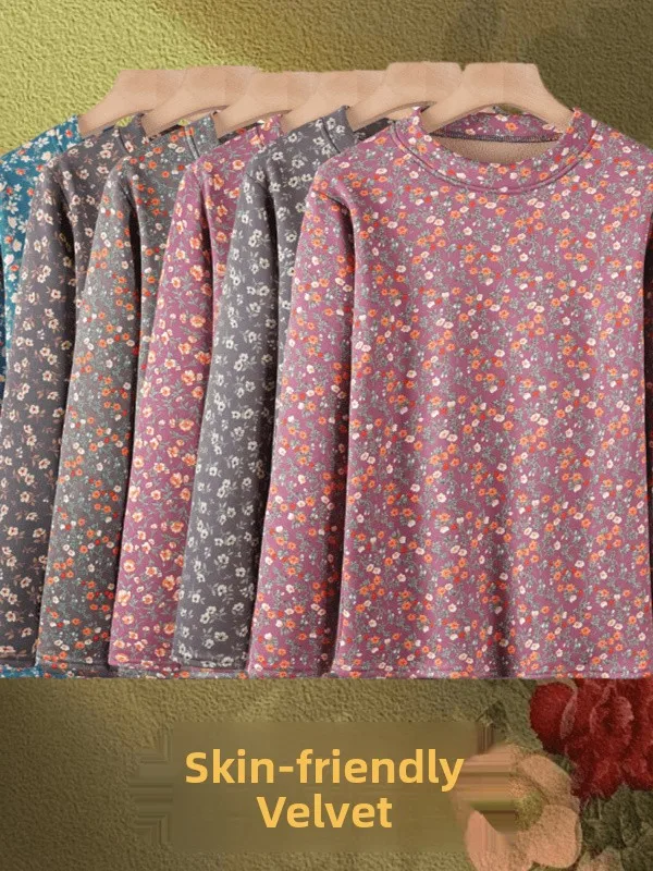 تي شيرت دافئ مبطن بالصوف برقبة دائرية للنساء، ملابس داخلية، طبقة أساسية، ملابس علوية للأم والجدة، ملابس خريف وربيع، بوليستر سميك