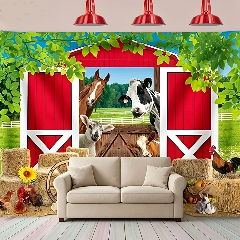 2D Flat,Farm Animals Red Barn Hay Bales Sunflowers Tapestry Kids Room Decor Cute Livestock Wall Art Countryside Scene Background